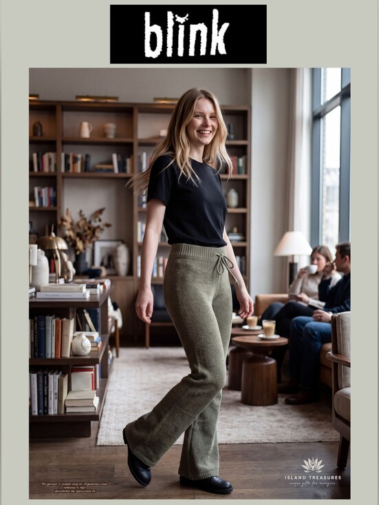 Blink Pants - Blink Sz Small High Waist Wide Leg Knit Pant Olive Green Drawstring Waist Flare